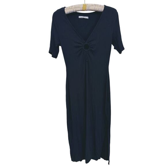 Abercrombie & Fitch O-Ring Ribbed Short Sleeve Midi Dress Black M Academia LBD - Picture 5 of 12